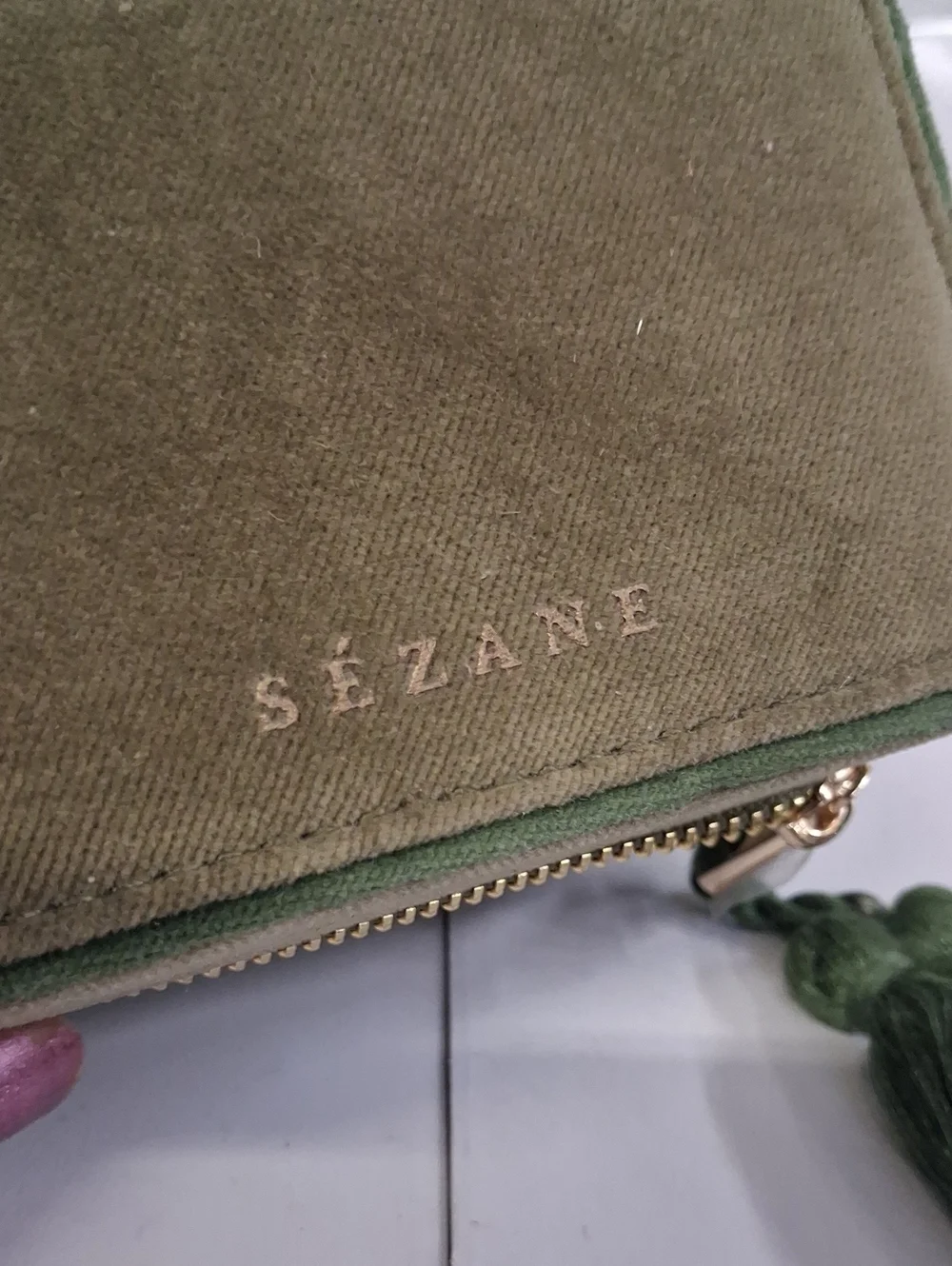 Sezane Olive Green Velvet Travel Jewelry Case with Tassel